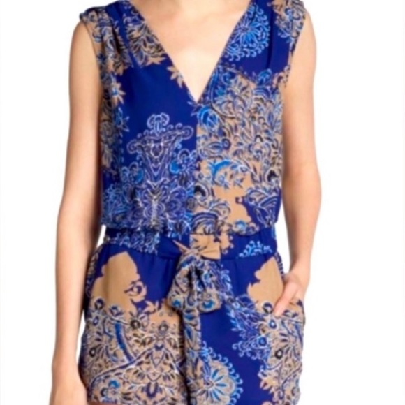 BCBG MaxAzria | Paisley Romper with Pockets, Royal and Tan | Size 10 - Picture 1 of 5